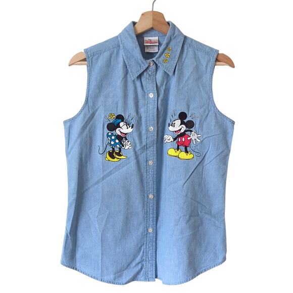 The Disney Store Tops - Vintage The Disney Store Womens Button Down Sleeveless Top Mickey Minnie Denim M